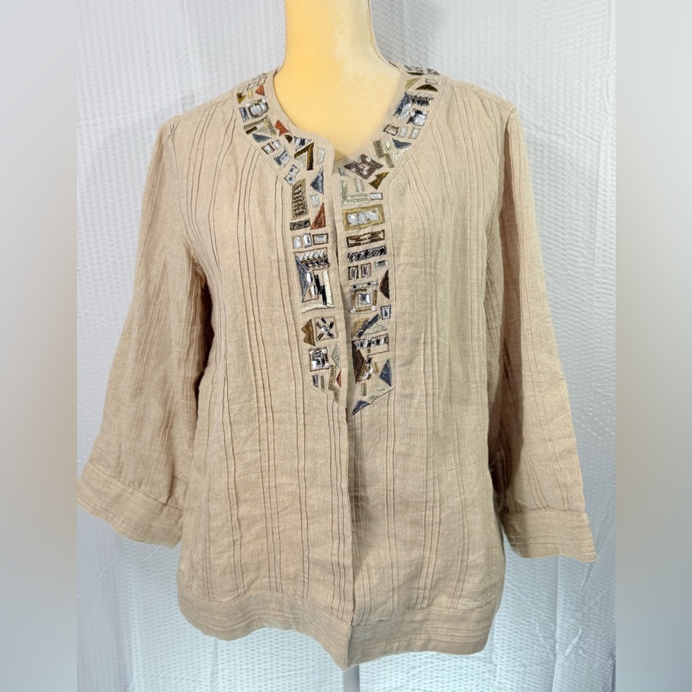 Chicos Beige Gold Shimmer Jewel Embellished Linen 3/4 Sleeve Blazer size 2